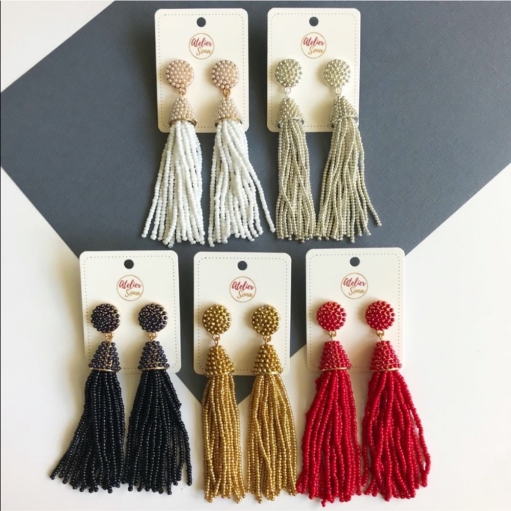 Red Seed Bead Tassel Earrings - Picture 2 of 3